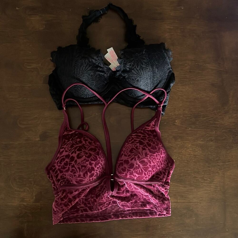 Victoria's Secret PINK Lightly Lined Lace Bralettes Maroon Black Halter Strappy